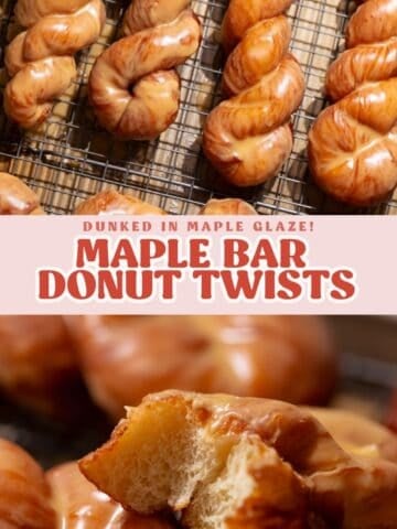 Pinterest graphic showing maple bar donut twists coated in maple glaze, with one torn open to show the fluffy interior.