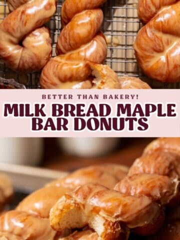 Pinterest graphic showing milk bread maple bar donuts with glossy maple glaze and a torn donut revealing the soft interior.