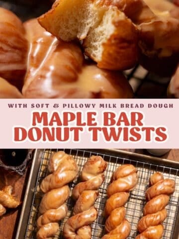 Pinterest graphic showing soft maple bar donut twists made with milk bread dough and coated in maple glaze.