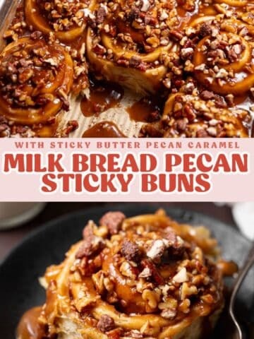 Pinterest graphic showing gooey pecan sticky buns covered in thick caramel sauce and toasted pecans.