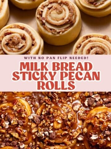 Pinterest graphic showing a caramel pecan sticky bun pulled apart to reveal the soft, fluffy interior.