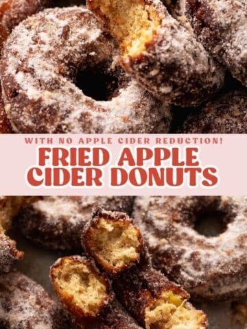 Cinnamon sugar apple cider donuts with broken pieces showing the soft cake donut interior, with text overlay.