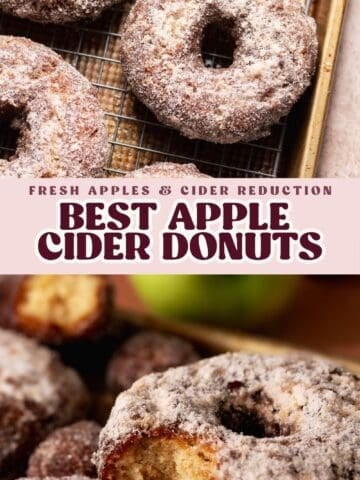 Apple cider cake donuts coated in cinnamon sugar on a cooling rack and broken open to show the tender crumb, with text overlay.