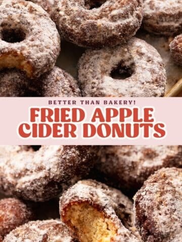 Fried apple cider donuts piled together with a broken donut showing the soft, moist center, with text overlay.