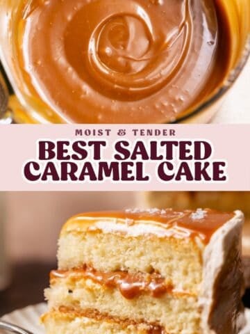 Pinterest collage showing thick homemade caramel sauce in a glass measuring cup above a slice of three-layer caramel cake, with text overlay.