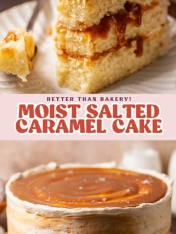 Pinterest collage showing a caramel layer cake with a slice removed to reveal three cake layers and caramel filling, above a plated slice with a fork holding a bite, with text overlay.