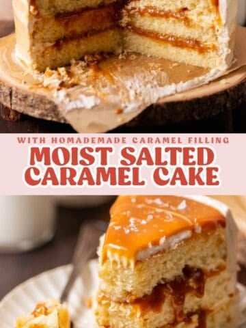 Pinterest collage featuring a slice of caramel-filled vanilla cake above a whole cake with swirled buttercream and glossy caramel topping, with text overlay.