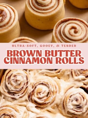 A collage showing raw cinnamon rolls on a baking sheet above baked rolls covered in frosting, with text overlay for Pinterest.