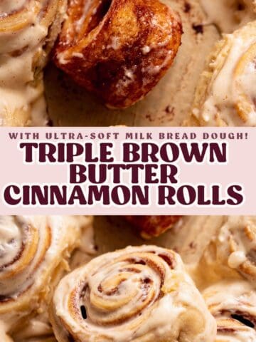 A close-up of glazed cinnamon rolls with text overlay for Pinterest.