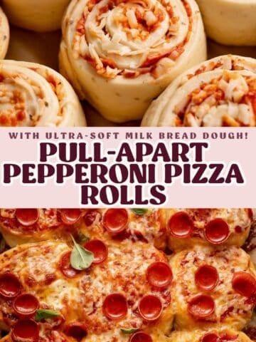 A split image showing raw pepperoni pizza rolls at the top and the baked, golden-brown rolls covered in melted cheese and pepperoni slices at the bottom, with the text Pull-Apart Pepperoni Pizza Rolls.