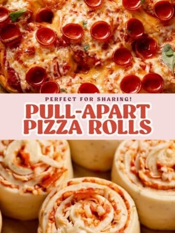 A split image with the top showing a baked pepperoni pizza with melted cheese. The bottom image showing unbaked, spiraled pizza dough rolls filled with sauce, cheese, and pepperoni, labeled Pull-Apart Pizza Rolls by Cambrea Bakes.