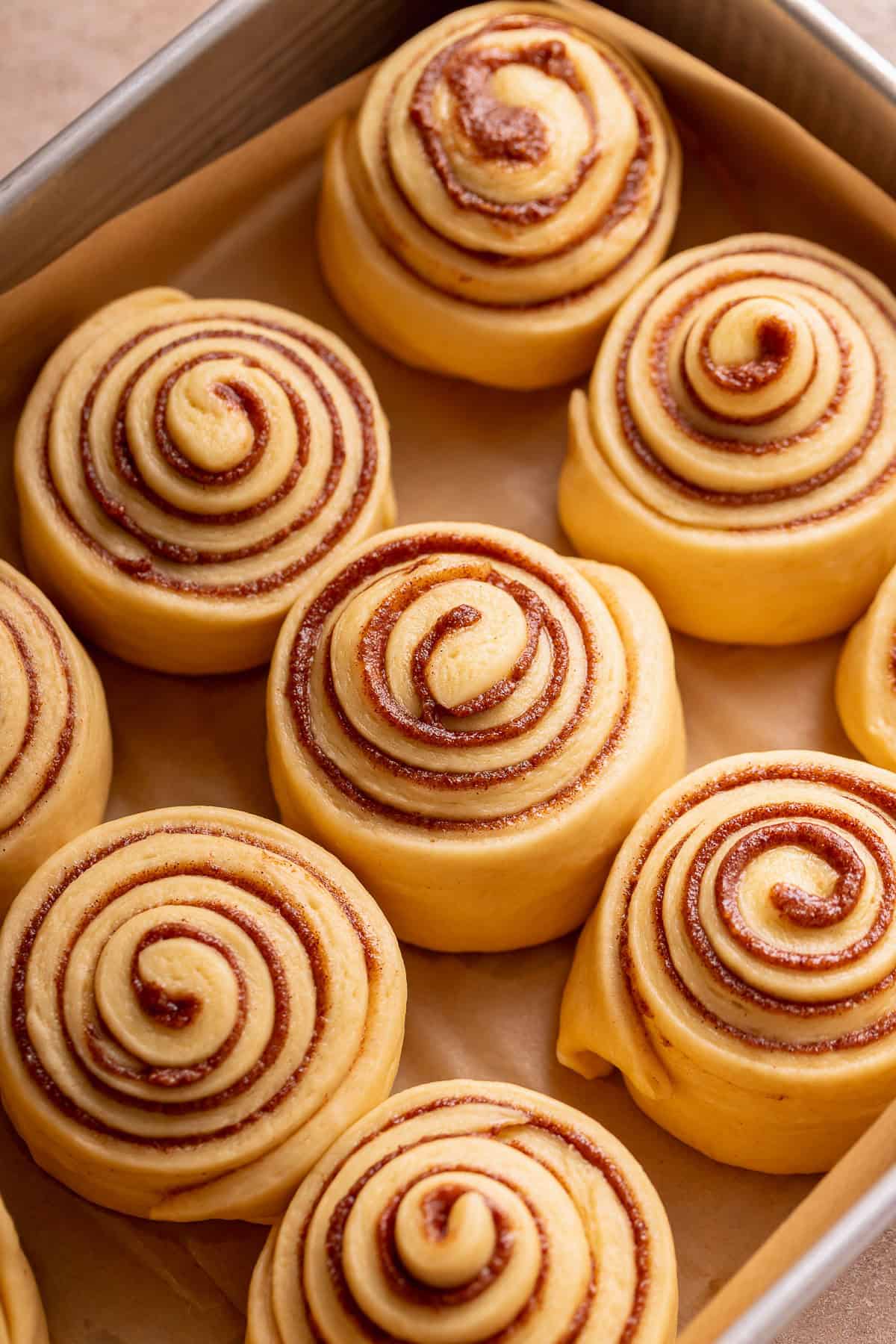 A rectangular baking pan filled with unbaked, spiraled cinnamon rolls arranged on parchment paper.